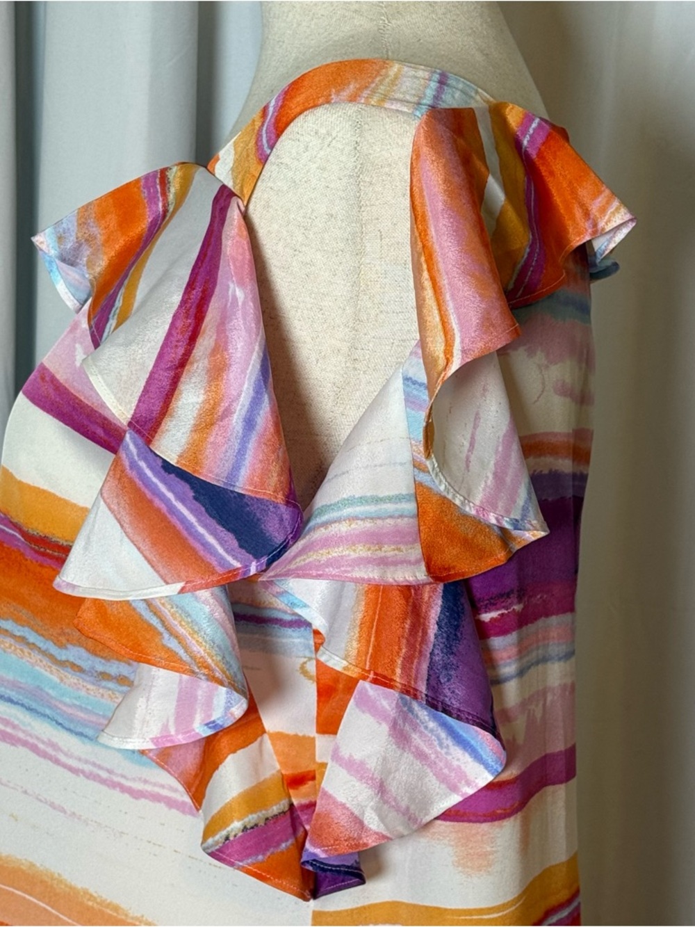 Amanda U Watercolor Ruffle Dress Bright Stripe Shift Medium - Picture 7 of 12